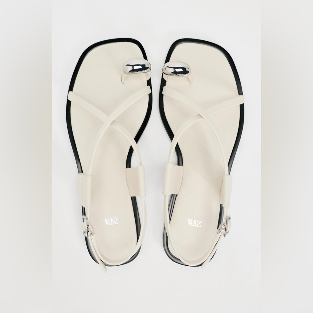 Zara Flat Strappy Sandals with Metal Ornament - White/Silver